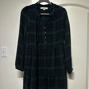 LOFT Green and Navy Plaid Long Sleeve Dress